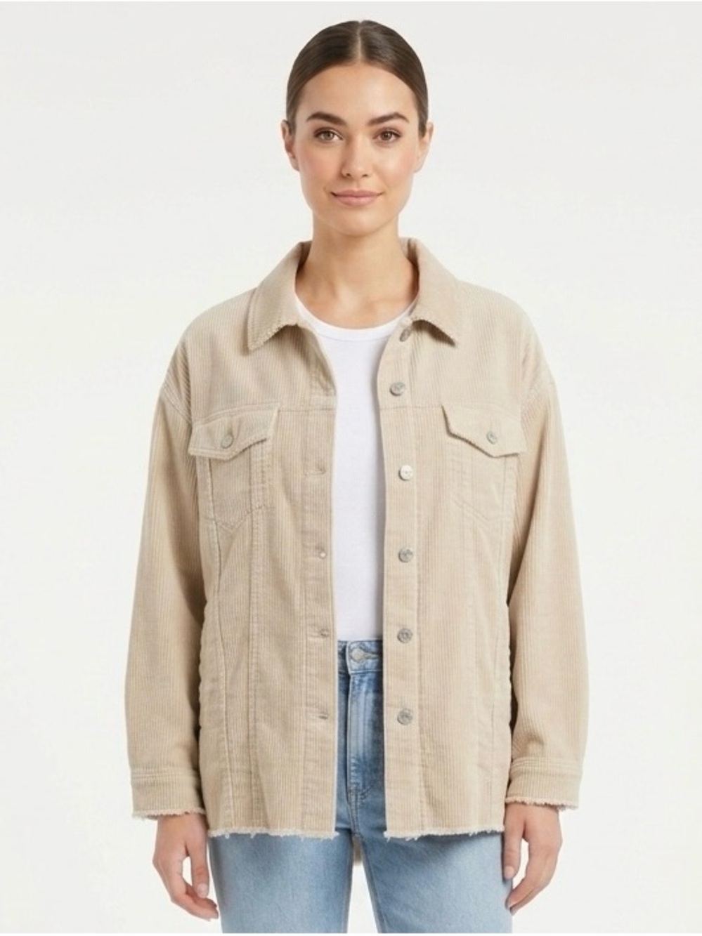 Only | Women’s Light Beige Neutral Distressed Corduroy Oversized Shacket Jacket